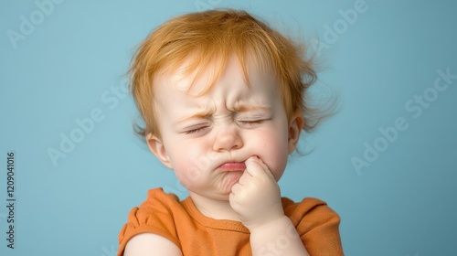 Toddler with orange hair posing against a soft blue background, displaying a pouting expression while sucking thumb, capturing childhood emotions. photo