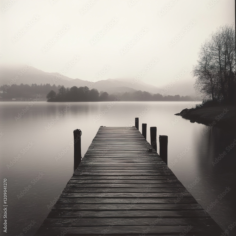 Obraz premium Serene Lake Landscape: Misty Morning on Wooden Dock
