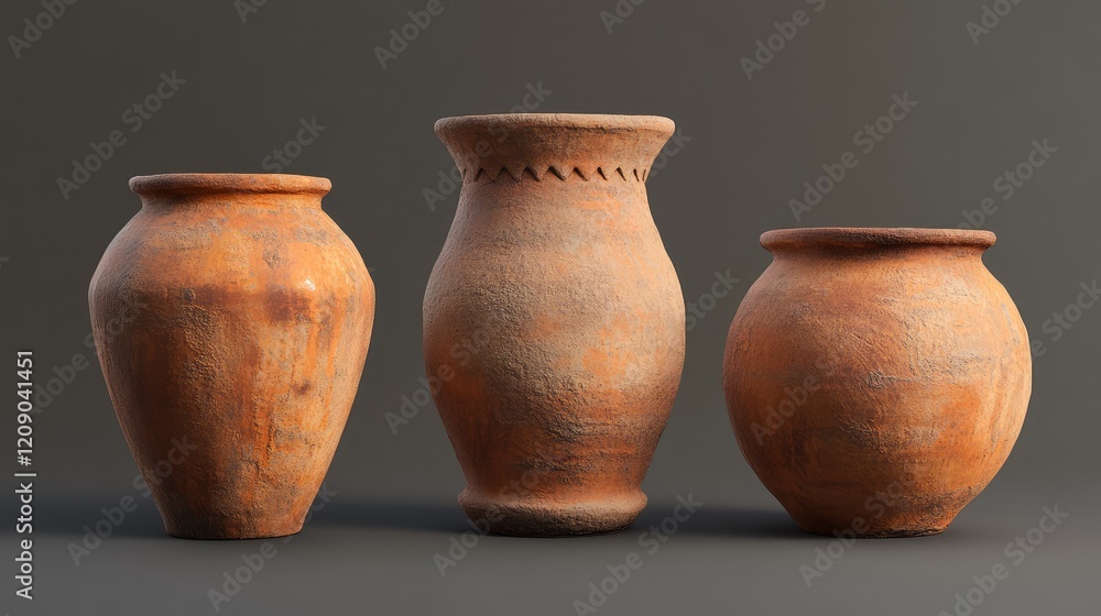 Terracotta pottery design in raw form, highlighting three distinctly shaped clay pots with textured surfaces against a dark background. Terracotta pottery design in raw form, highlighting three distinctly shaped clay pots with textured surfaces against a dark background.
