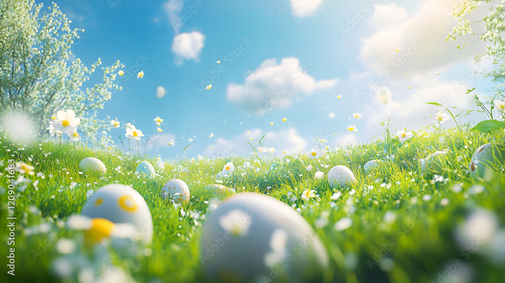 Easter Egg Hunt in Spring Meadow: Pastel-colored eggs nestled amongst vibrant wildflowers and lush green grass under a brilliant blue sky. Easter Egg Hunt in Spring Meadow: Pastel-colored eggs nestled amongst vibrant wildflowers and lush green grass under a brilliant blue sky.