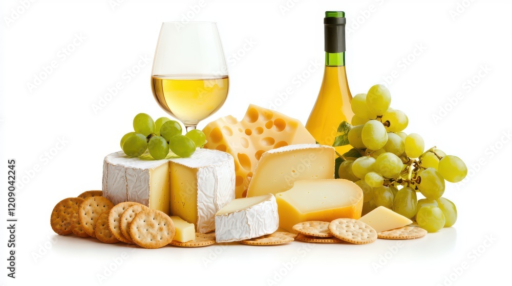 Naklejka premium A selection of aged cheeses, including cheddar, brie, and gouda, served with crackers and wine.