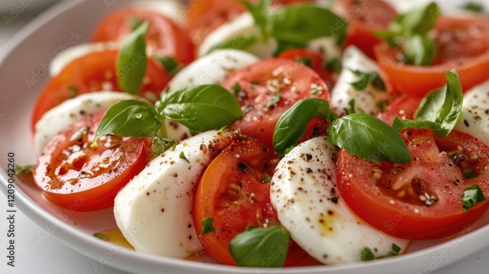 Colorful mozzarella and tomato salad garnished with fresh basil and spices served on a white plate with selective focus on ingredients Colorful mozzarella and tomato salad garnished with fresh basil and spices served on a white plate with selective focus on ingredients