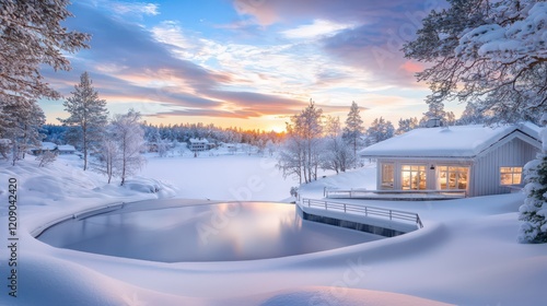 A serene winter landscape with snow-covered trees and a peaceful view of the holiday season.