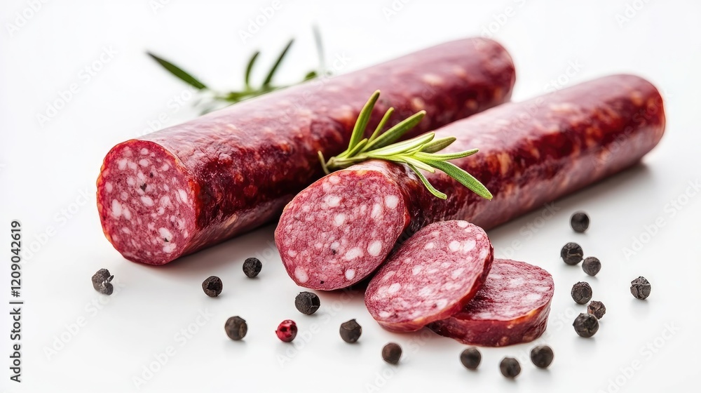 Raw sausages sliced with seasoning and herbs on a white background showcasing gourmet food presentation and culinary delights. Raw sausages sliced with seasoning and herbs on a white background showcasing gourmet food presentation and culinary delights.