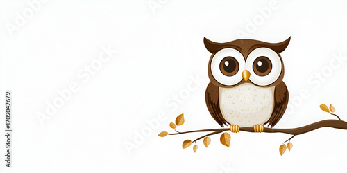 Wallpaper Mural Wise Owl Perched on a Branch: A charming cartoon illustration of a brown owl with large, round eyes, perched on a bare branch with a few autumn leaves. It conveys a sense of wisdom, tranquility. Torontodigital.ca