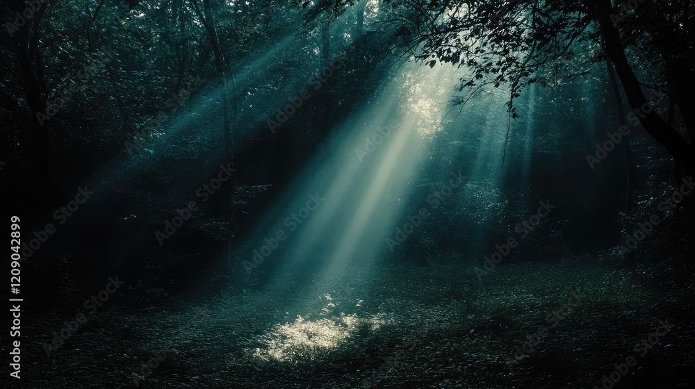 Fototapeta premium Divine light breaking through dark forest creating ethereal ambiance and a sense of tranquility in nature's embrace