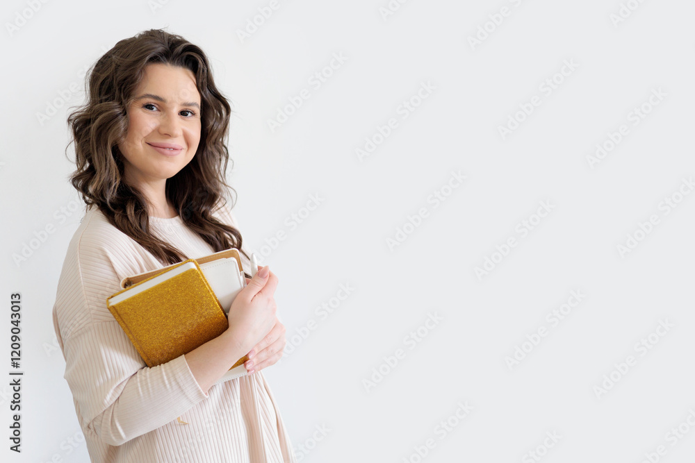 Beautiful European woman in beige suit holds stack of gold and white diaries. White background. Beautiful European woman in beige suit holds stack of gold and white diaries. White background.