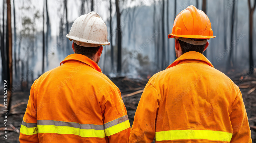Two firefighters in orange gear observe a burned forest landscape, highlighting the impact of wildfires on the environment. Two firefighters in orange gear observe a burned forest landscape, highlighting the impact of wildfires on the environment.