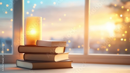 A stack of hardcover books in a cozy reading nook, with soft lighting and a warm ambiance.
