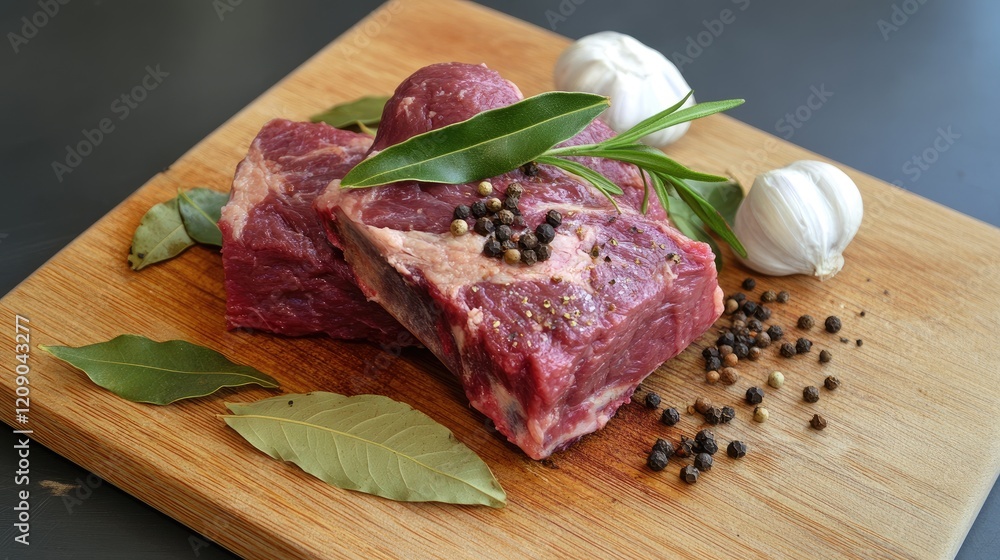 Raw beef ribs with garlic bay leaves and peppercorns arranged on a wooden cutting board ready for seasoning and preparation in a kitchen scene Raw beef ribs with garlic bay leaves and peppercorns arranged on a wooden cutting board ready for seasoning and preparation in a kitchen scene