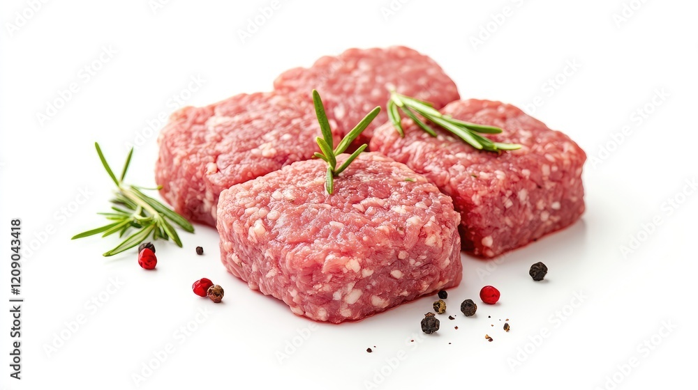 Fresh raw ground pork cutlet slices with herbs on white background, showcasing pink tones and textured surface, perfect for culinary presentations. Fresh raw ground pork cutlet slices with herbs on white background, showcasing pink tones and textured surface, perfect for culinary presentations.