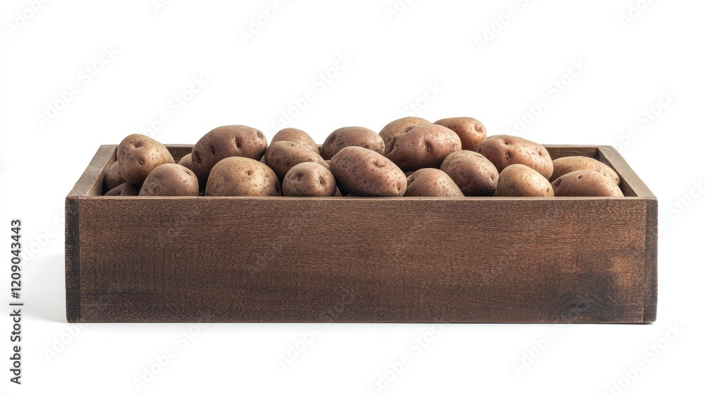 Freshly harvested raw potatoes arranged in a rustic wooden box isolated on white background for culinary and agricultural concepts. Freshly harvested raw potatoes arranged in a rustic wooden box isolated on white background for culinary and agricultural concepts.