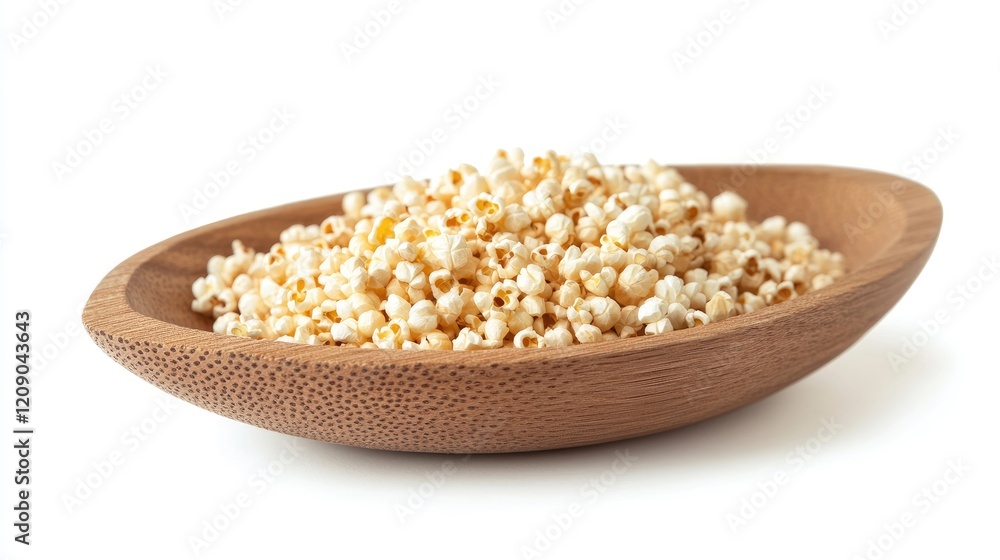 Raw popcorn kernels in wooden platter ready for popping on white background perfect for culinary and food-related concepts Raw popcorn kernels in wooden platter ready for popping on white background perfect for culinary and food-related concepts