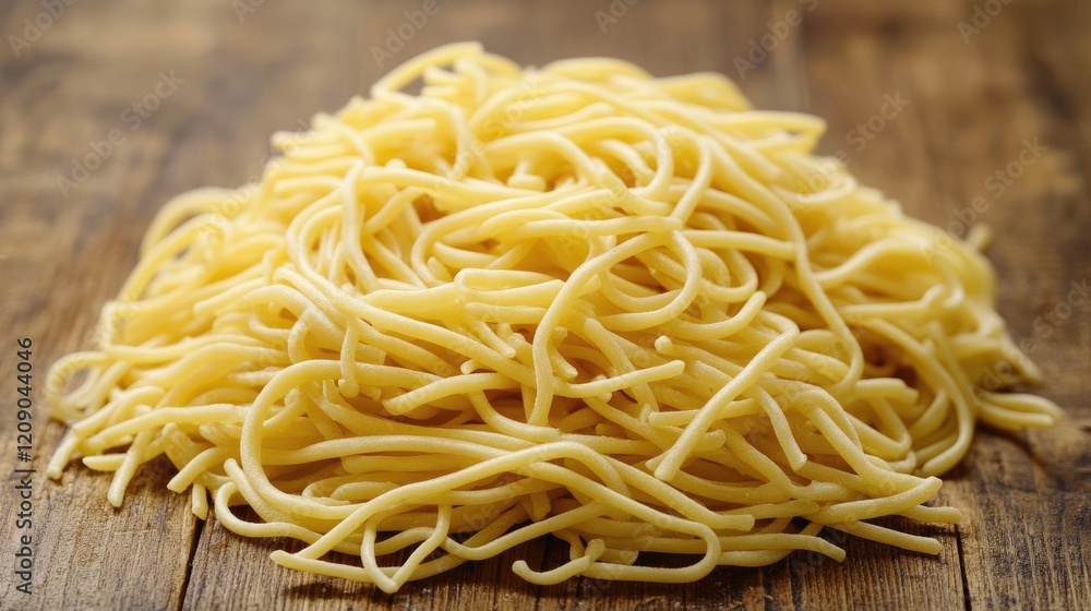 Dried spaghetti pasta placed on a rustic wooden countertop ready to be cooked for delicious Italian dishes Dried spaghetti pasta placed on a rustic wooden countertop ready to be cooked for delicious Italian dishes