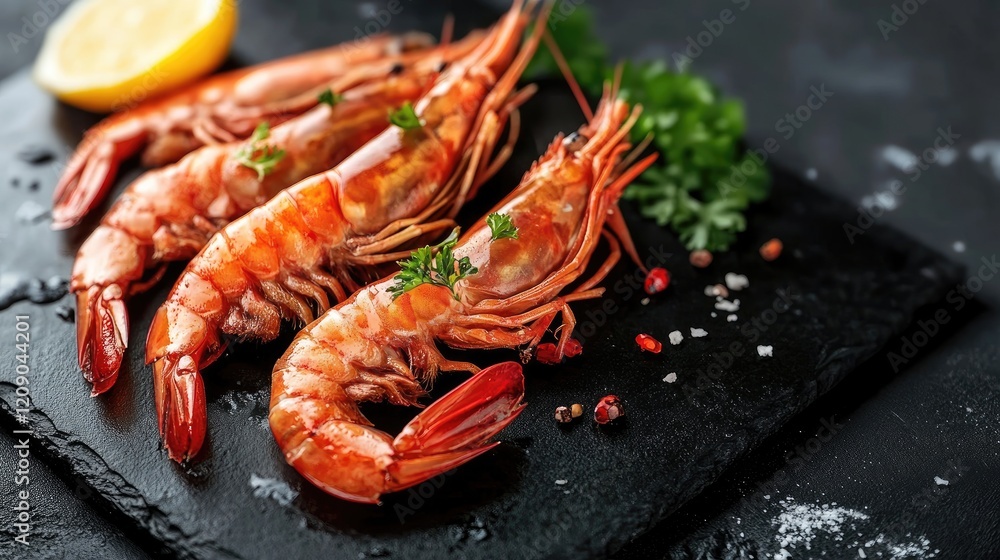 Freshly cooked tiger prawns garnished with herbs on a dark slate background ready for gourmet seafood dishes. Freshly cooked tiger prawns garnished with herbs on a dark slate background ready for gourmet seafood dishes.