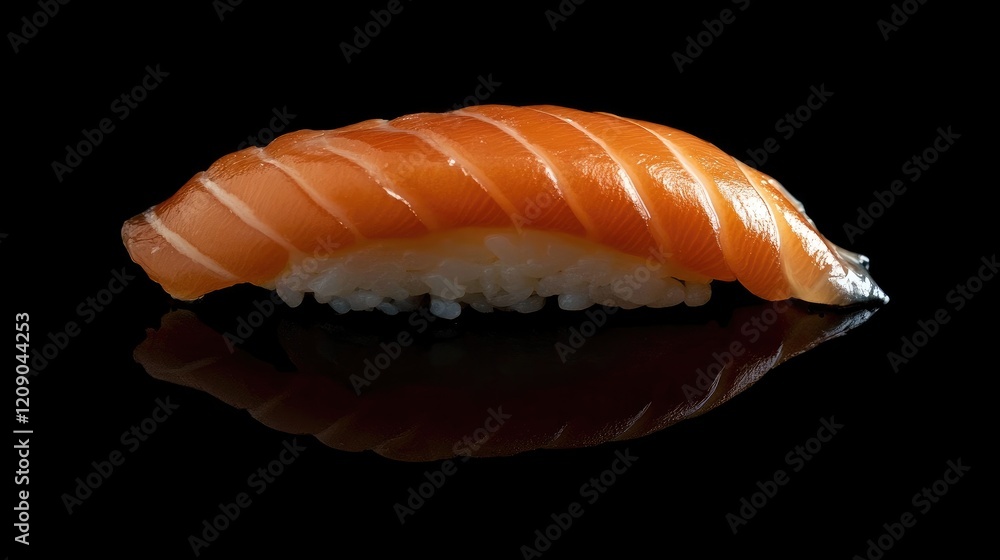 Sushi nigiri with fresh raw salmon fillet displayed on a reflective black surface Sushi nigiri with fresh raw salmon fillet displayed on a reflective black surface