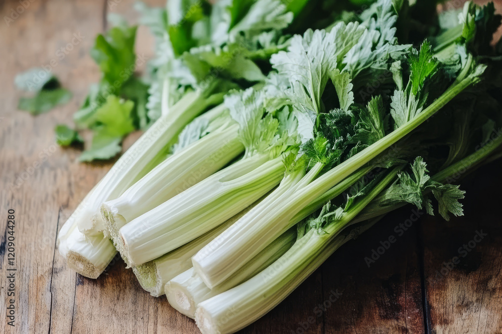 Fresh celery and cilantro bunch on wooden table in kitchen setting Fresh celery and cilantro bunch on wooden table in kitchen setting