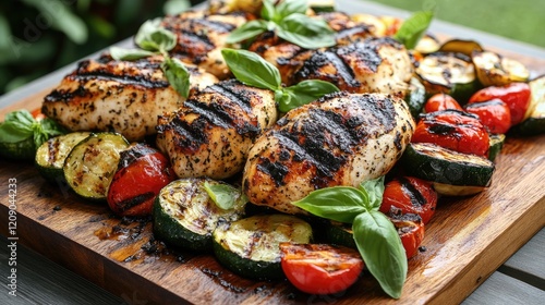 Grilled chicken and vegetable platter featuring vibrant ratatouille with basil garnishes on a wooden cutting board