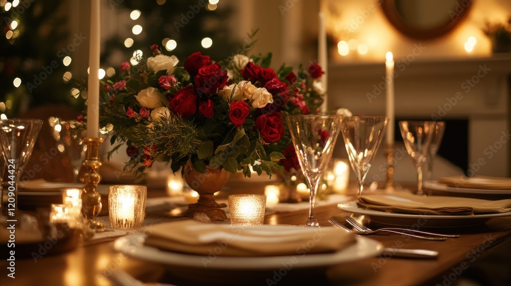 Romantic Dinner Table Setting with Candlelight and Flowers Romantic Dinner Table Setting with Candlelight and Flowers