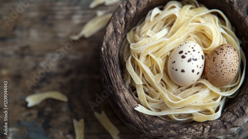 Quail eggs nestled in raw pasta strands displayed in a rustic wooden bowl on a textured wooden surface