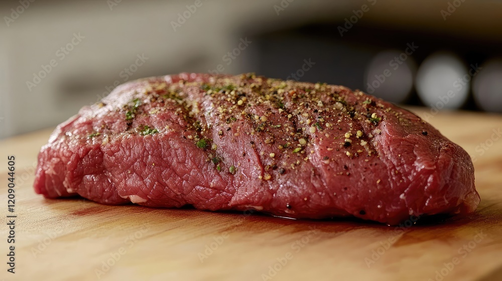 Tri-tip beef steak placed on wooden cutting board with seasoned spices and blurred kitchen background preparing for a festive meal. Tri-tip beef steak placed on wooden cutting board with seasoned spices and blurred kitchen background preparing for a festive meal.