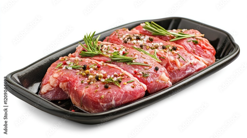 Boneless lamb neck meat seasoned with herbs ready for grilling on a black tray isolated on white background Boneless lamb neck meat seasoned with herbs ready for grilling on a black tray isolated on white background