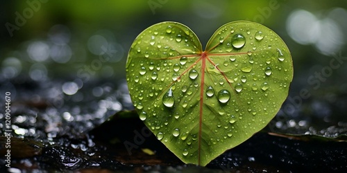 Heart-shaped Leaf with Raindrops - Symbol of Love and Nature's Beauty 