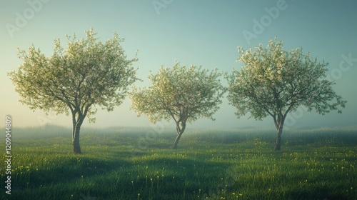 Wallpaper Mural Spring scene featuring three blossoming trees amid a lush green meadow with soft morning fog creating a serene atmosphere. Torontodigital.ca