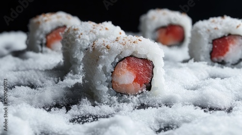 Sushi rolls beautifully presented on a bed of white snow creating a striking contrast in an artistic food photography setting photo