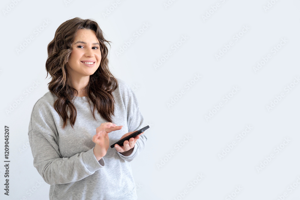 Beautiful European woman in gray knitted suit smiles, looks at camera and writes message in on phone Beautiful European woman in gray knitted suit smiles, looks at camera and writes message in on phone