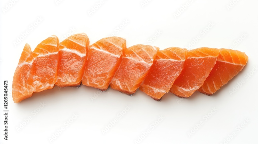 Sliced fresh salmon fillet arranged in a row highlighting pink-orange color and texture on a white background top view gourmet presentation Sliced fresh salmon fillet arranged in a row highlighting pink-orange color and texture on a white background top view gourmet presentation