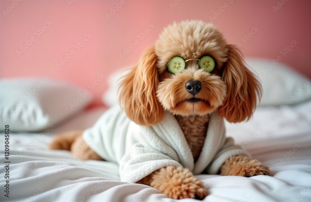 Cute poodle dog wearing bathrobe, cucumber slices on eyes relaxing on bed at home. Dog looks happy, enjoys pampering spa day. Pet spa concept. Home wellness. Trendy pet style. Fashionable pet. Cute poodle dog wearing bathrobe, cucumber slices on eyes relaxing on bed at home. Dog looks happy, enjoys pampering spa day. Pet spa concept. Home wellness. Trendy pet style. Fashionable pet.
