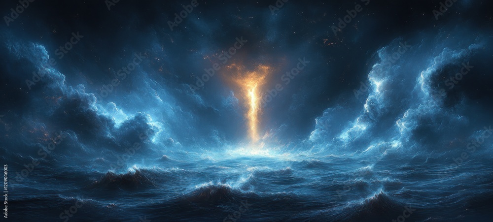 Fototapeta premium Surreal Landscape Dark Blue Mist Glowing Light Fog Mystical Digital Painting