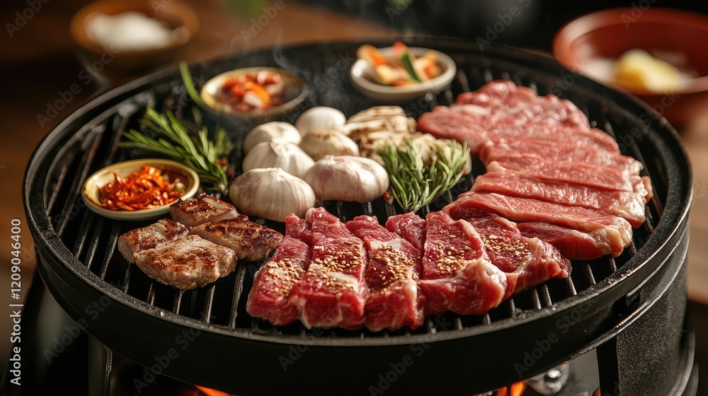 Grilled raw meat alongside assorted vegetables and garlic, arranged on a black grill with smoke rising and colorful ingredients in small bowls. Grilled raw meat alongside assorted vegetables and garlic, arranged on a black grill with smoke rising and colorful ingredients in small bowls.