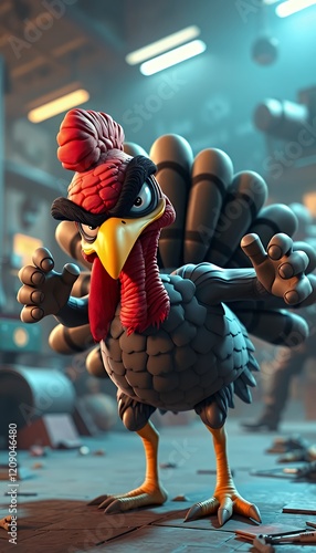 A defiant 3D-rendered illustration of an angry turkey in a gritty industrial setting. The turkey's tough posture, fierce expression and bold colors create a powerful and rebellious image. The dark blu