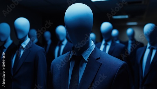 The faceless corporation: A mysterious gathering of anonymous figures in suits, shrouded in blue light, evokes a sense of corporate secrecy and the unknown. photo