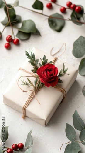A beautifully wrapped gift adorned with a red rose and greenery, surrounded by decorative berries and leaves on a light background.