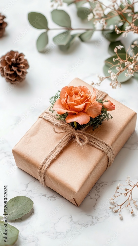 A beautifully wrapped gift box adorned with an orange rose, twine, and surrounded by pinecones and greenery. A beautifully wrapped gift box adorned with an orange rose, twine, and surrounded by pinecones and greenery.