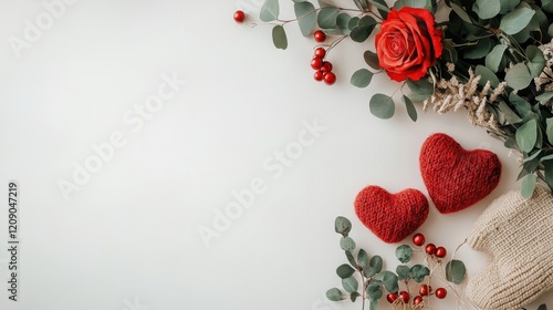 A romantic arrangement featuring red roses, hearts, and greenery, perfect for Valentine's Day or special occasions.
