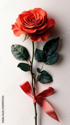 A vibrant red rose with lush green leaves, elegantly tied with a ribbon, against a neutral background.