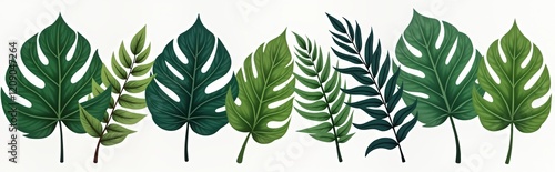 Exotic green leaves on transparent backdrop. Monstera, fern leaf designs. Tropical foliage. Nature. Fresh. Isolated. Decorative elements. Perfect for spring summer. Decorative backdrop. Eco friendly.