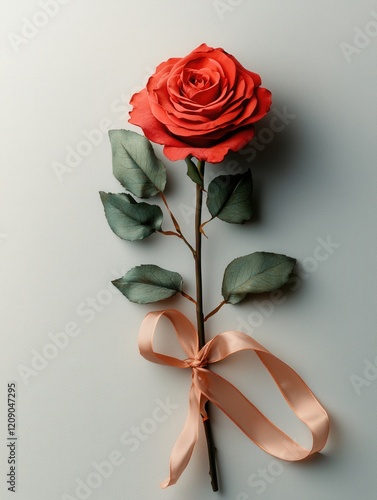 A vibrant red rose with delicate petals and green leaves, tied with a soft ribbon, resting elegantly on a light background.