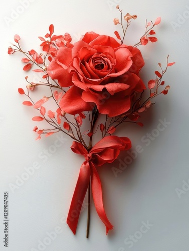 A vibrant red rose bouquet with delicate branches and a ribbon, perfect for decoration or gifting.