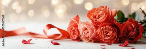 A delicate arrangement of soft pink roses with scattered petals and a ribbon, set against a dreamy blurred background.