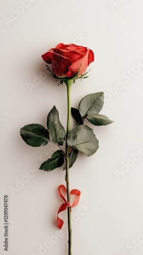 A single red rose with green leaves and a ribbon, elegantly displayed against a light background, symbolizing love and beauty.