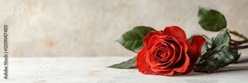 A vibrant red rose with green leaves rests elegantly on a light background, symbolizing love and beauty.
