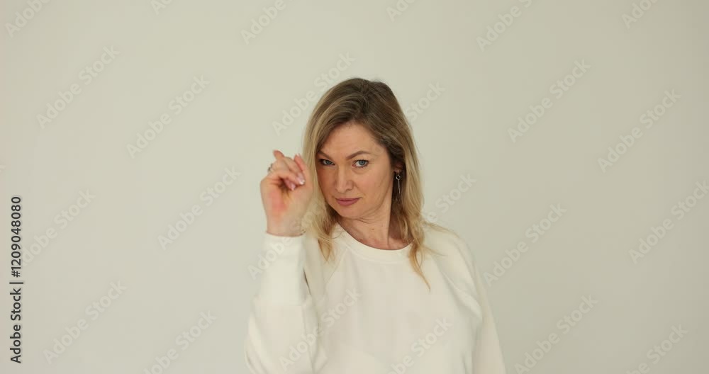 Beautiful woman confidently gesturing look me in the eyes gesture on white background Beautiful woman confidently gesturing look me in the eyes gesture on white background