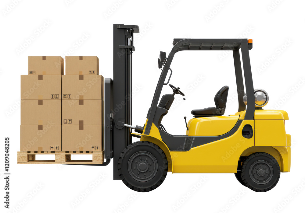 yellow forklift carrying a pallet of stacked cardboard boxes, isolated on white background yellow forklift carrying a pallet of stacked cardboard boxes, isolated on white background