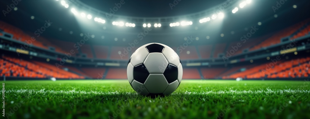 Soccer ball on green pitch in illuminated stadium. Daytime view. Sport event arena. Excited crowd in seats. Classic black, white ball. Focused image on ball, grass. Perfect photo for sports theme, Soccer ball on green pitch in illuminated stadium. Daytime view. Sport event arena. Excited crowd in seats. Classic black, white ball. Focused image on ball, grass. Perfect photo for sports theme,
