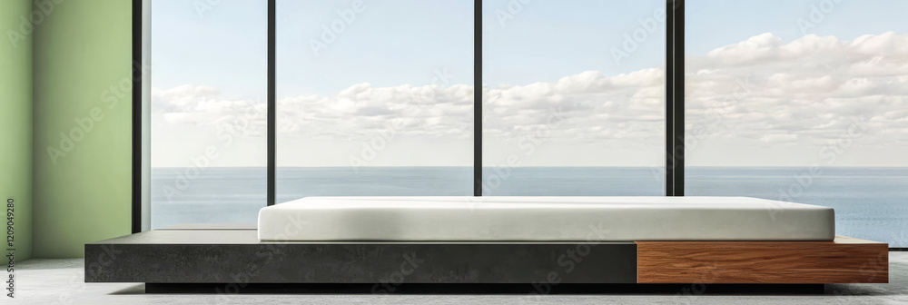 Fototapeta premium Minimalist bedroom design with large windows overlooking the ocean at sunrise